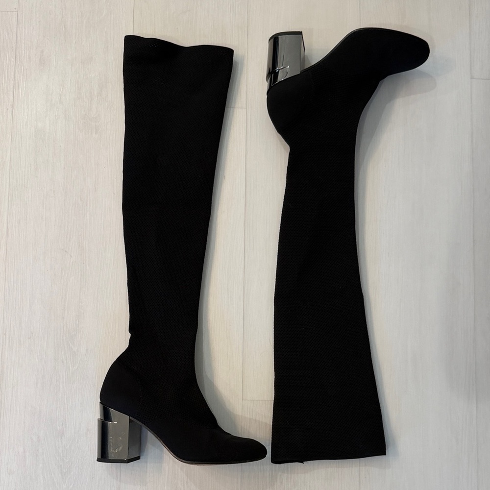 Robert Clergerie Black Over the Knee Heeled Boots with Metallic Accent